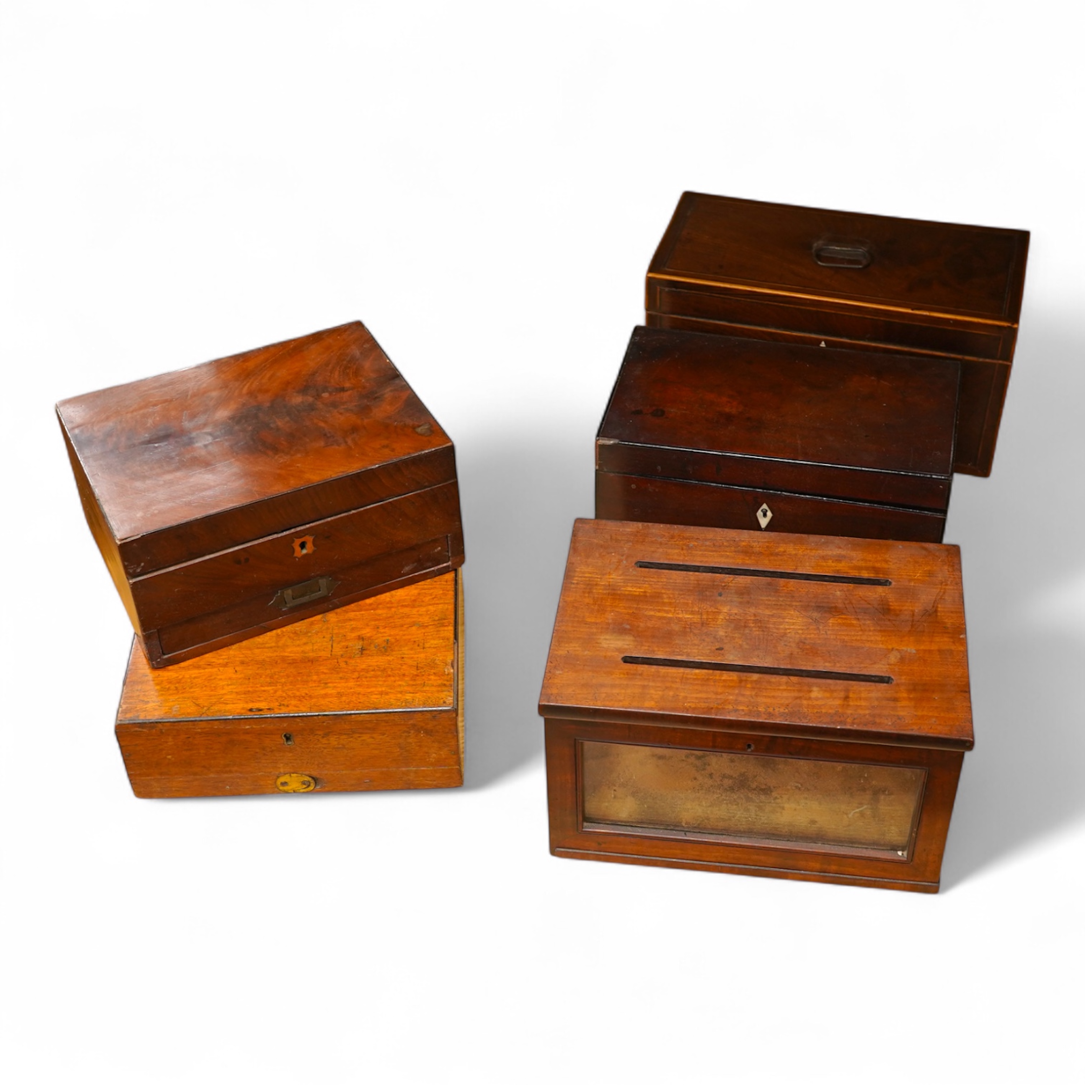 A group of five 19th-century boxes to include two artists paint boxes and a post box, largest 30cm wide